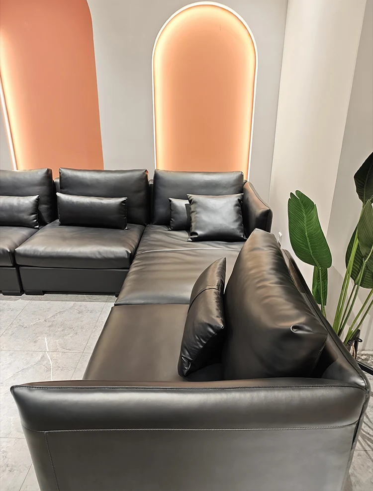 Italian Luxury High End Genuine Leather L-Shape Corner Sofa Set Minimalist Villa Use Comfortable