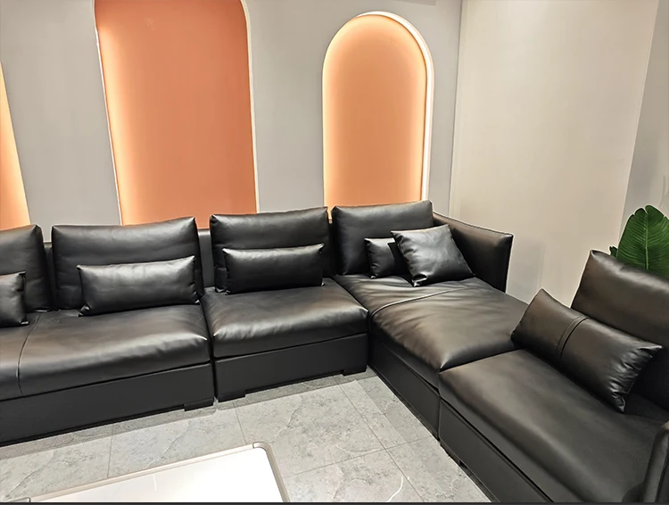 Italian Luxury High End Genuine Leather L-Shape Corner Sofa Set Minimalist Villa Use Comfortable