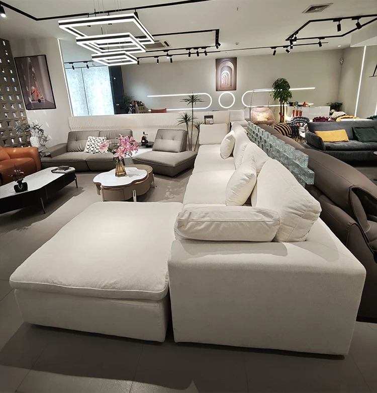 Italian Minimalist L-Shape Corner Sofa Comfortable Chenille Fabric Cream Style White Living Room Set Modular Sponge Filling