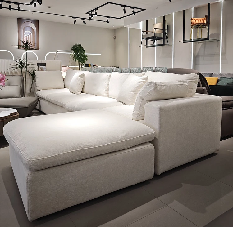 Italian Minimalist L-Shape Corner Sofa Comfortable Chenille Fabric Cream Style White Living Room Set Modular Sponge Filling