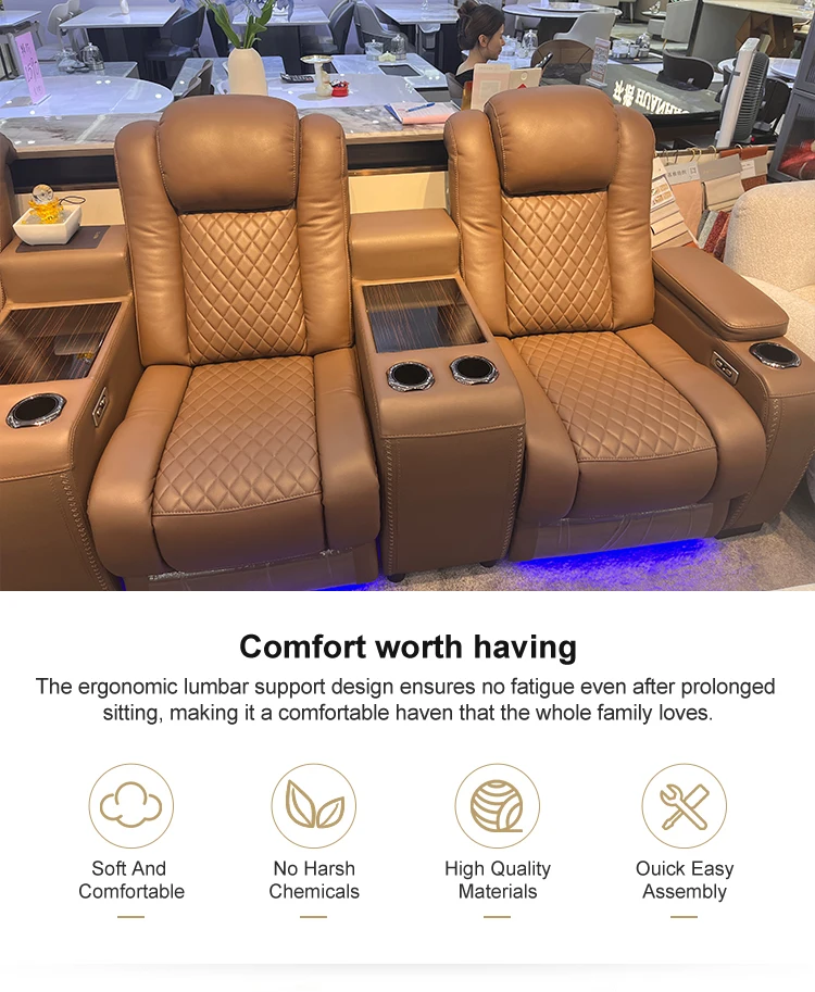 Orange 3-Seat Electric Recliner Sofa Chair Sponge Filled Artificial Leather L-Shape Apartment Home Cinema Theater Villa Interior