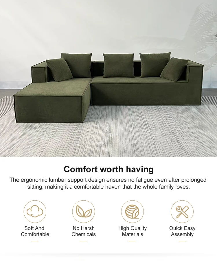 Customizable Convertible High-Density Foam L-Shape Modular Sectional Sofa Set Storage Woolen Cord Fabric Modern Apartment Hotels