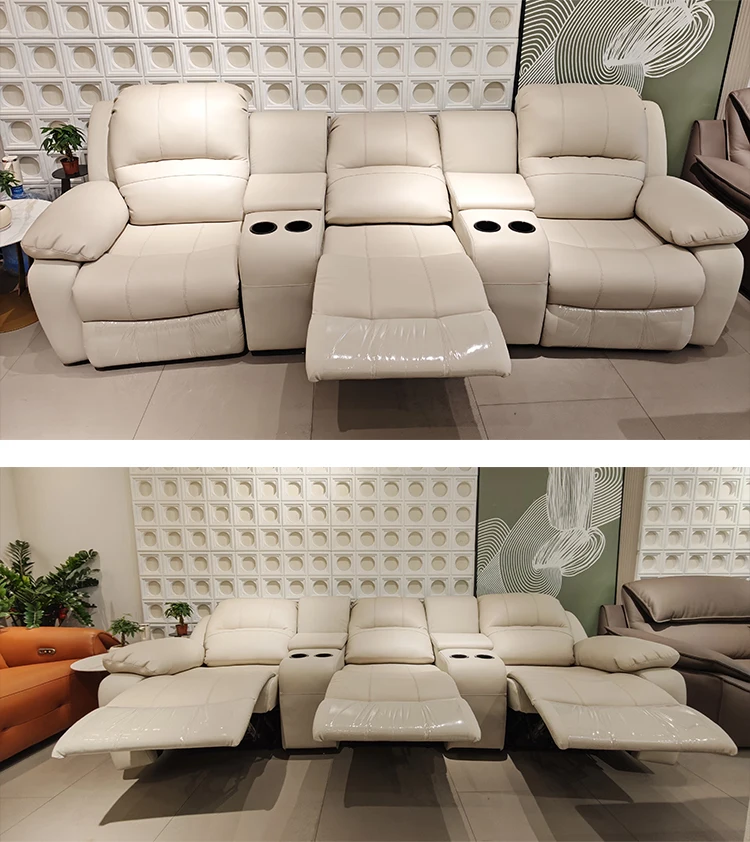 Modern Electric Recliner Sofa New Design Genuine Leather Upholstery Extendable 3 Seat Square Living Room Metal Sponge Hotel