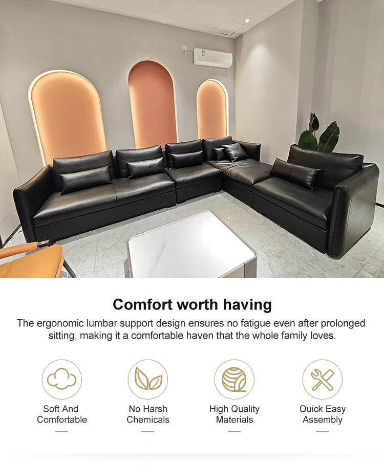 Italian Luxury High End Genuine Leather L-Shape Corner Sofa Set Minimalist Villa Use Comfortable