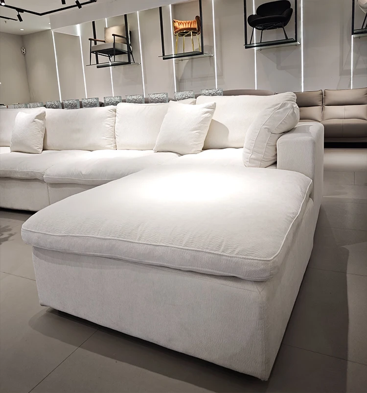 Italian Minimalist L-Shape Corner Sofa Comfortable Chenille Fabric Cream Style White Living Room Set Modular Sponge Filling