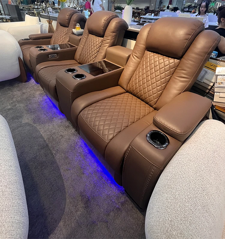 Orange 3-Seat Electric Recliner Sofa Chair Sponge Filled Artificial Leather L-Shape Apartment Home Cinema Theater Villa Interior