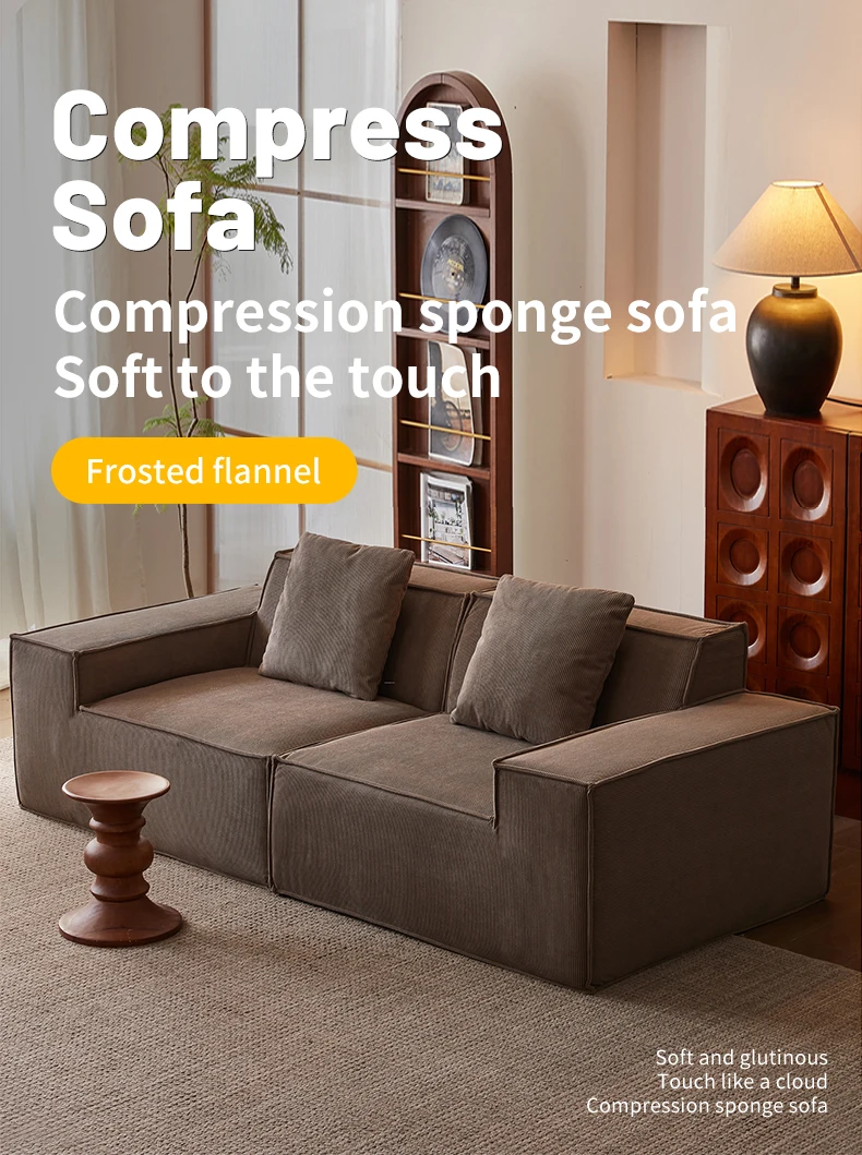 Modern Fabric Living Room Compression Sofa Set Tofu Block Sectional Design Height Density Sponge Vacuum Pack Compression Sofa