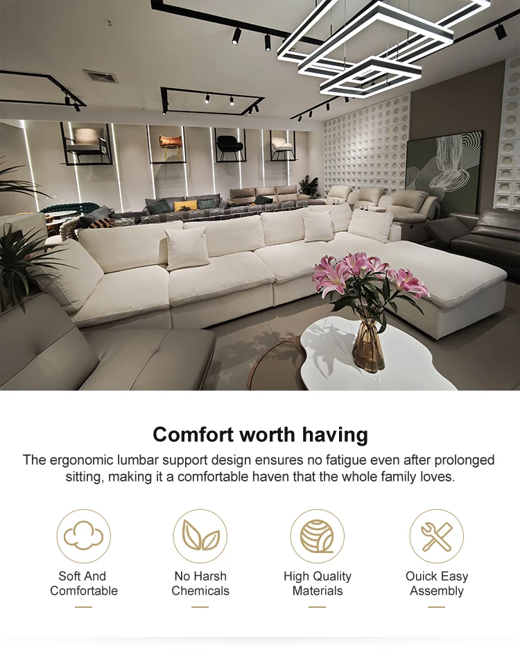 Italian Minimalist L-Shape Corner Sofa Comfortable Chenille Fabric Cream Style White Living Room Set Modular Sponge Filling