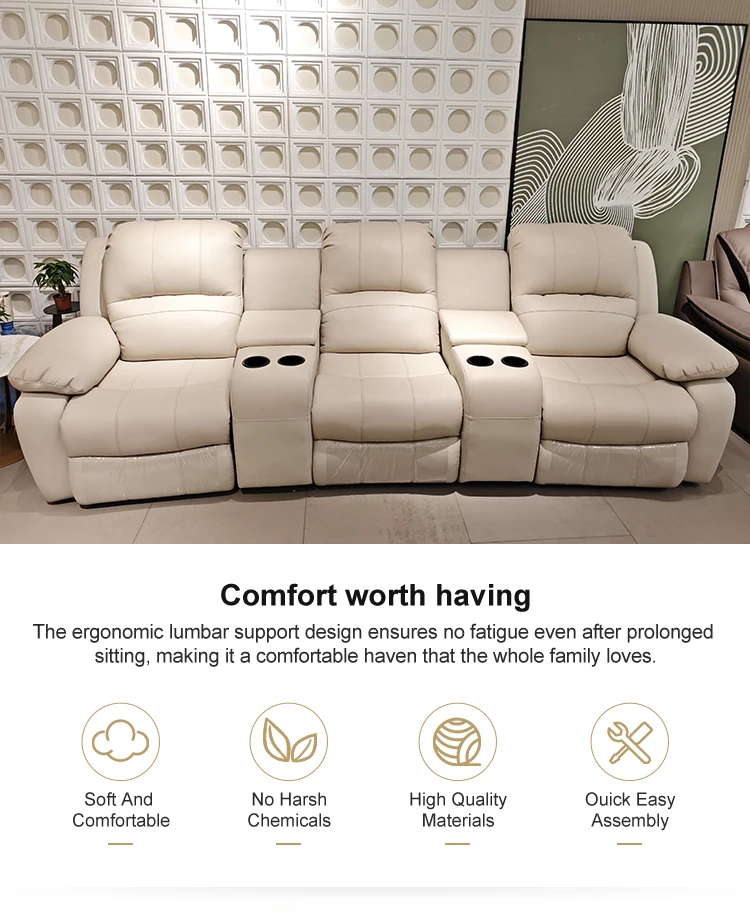 Modern Electric Recliner Sofa New Design Genuine Leather Upholstery Extendable 3 Seat Square Living Room Metal Sponge Hotel