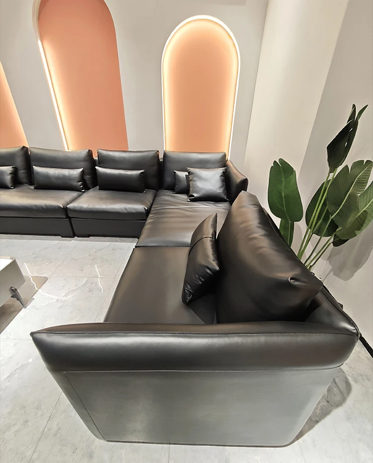 Italian Luxury High End Genuine Leather L-Shape Corner Sofa Set Minimalist Villa Use Comfortable